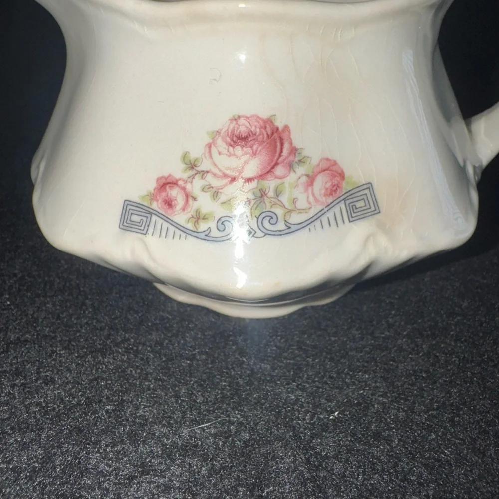 Rare 1941 Homer Laughlin Creamer Pitcher 3 Pink Peonies w/ Blue Geometric Scroll